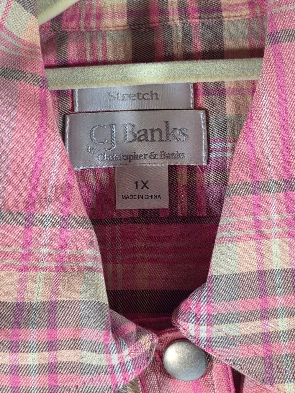 CJ Banks Women’s Plaid Button Front Shirt Jacket 1X Pink Stretch Long Sleeve Poc - Picture 3 of 10